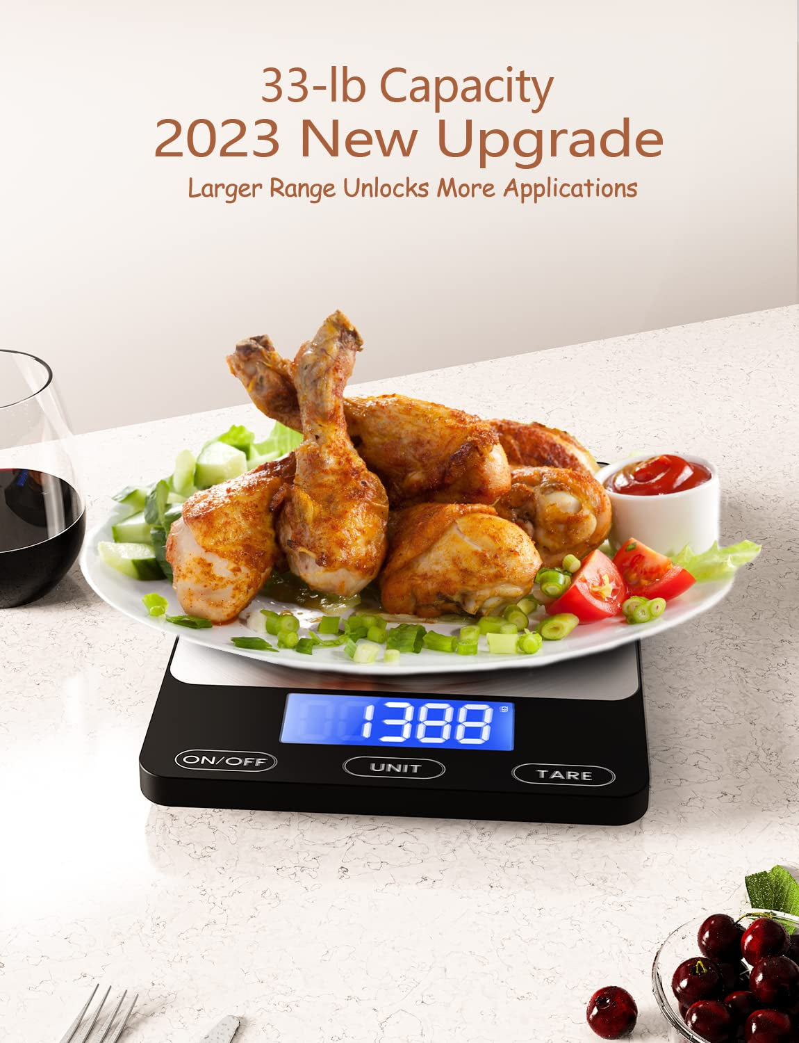 Digital Kitchen Food Scale – 33lb Capacity, Rechargeable, Stainless Steel, Ideal for Meal Prep and Cooking