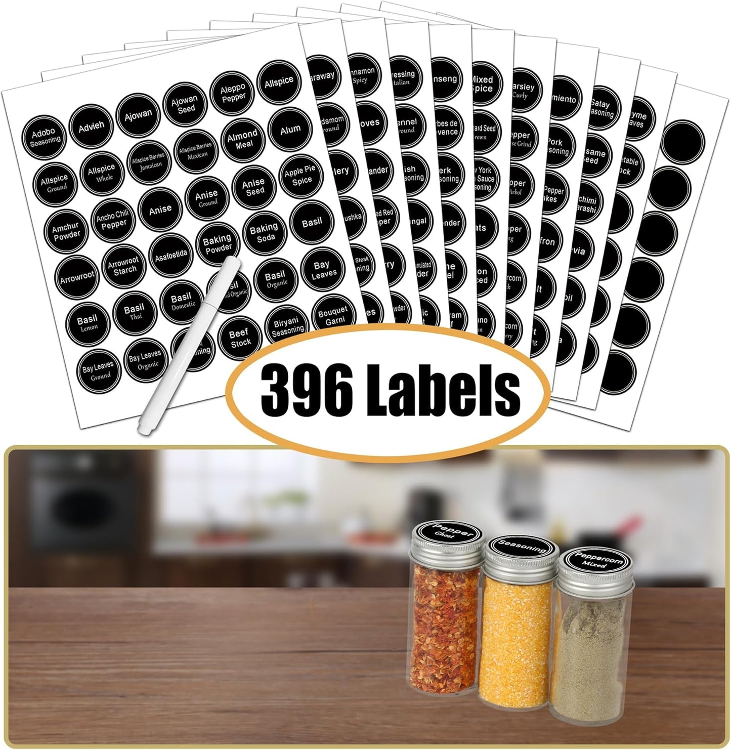 3-Tier Spice Rack Organizer with 24 Spice Jars, 396 Labels, Funnel, and Chalk Marker – Complete Set for Efficient Kitchen Storage