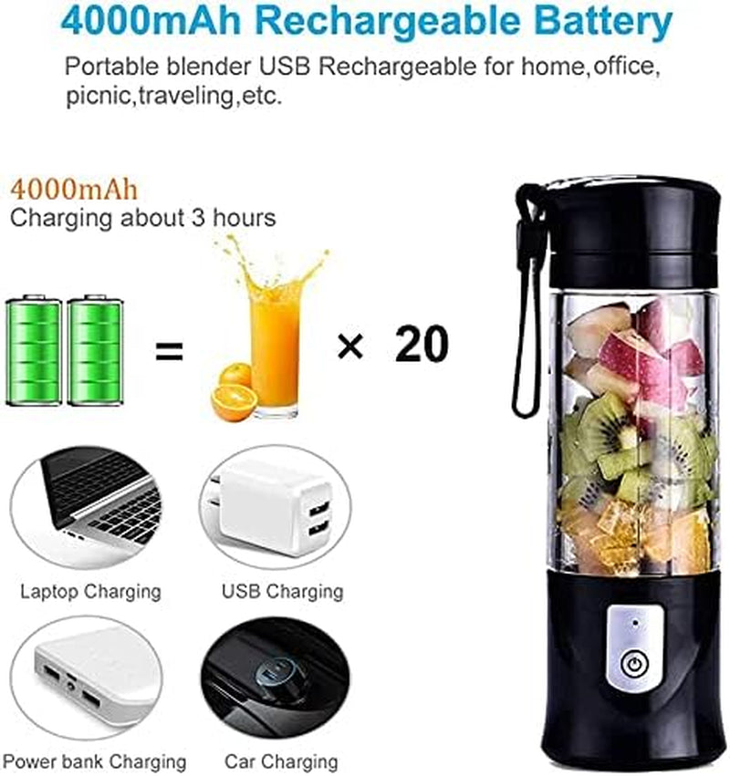 Portable Mini Blender for Smoothies and Shakes – USB Rechargeable Juicer Cup with 6 Blades, 13.5oz Capacity