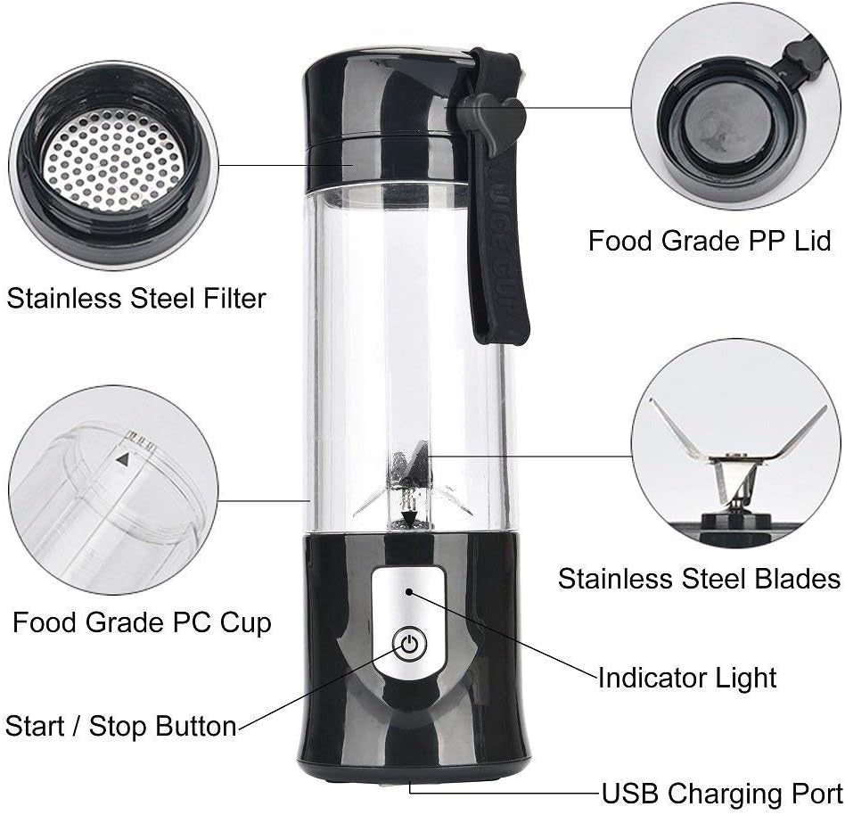 Portable Mini Blender for Smoothies and Shakes – USB Rechargeable Juicer Cup with 6 Blades, 13.5oz Capacity