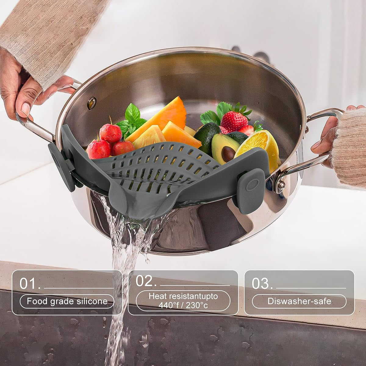 Silicone Clip-On Strainer for Pots and Pans – Heat-Resistant Food Strainer for Cooking Meat, Vegetables, and Pasta