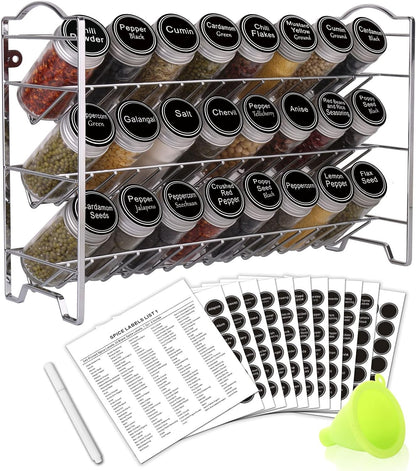 3-Tier Spice Rack Organizer with 24 Spice Jars, 396 Labels, Funnel, and Chalk Marker – Complete Set for Efficient Kitchen Storage