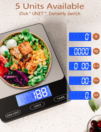 Digital Kitchen Food Scale – 33lb Capacity, Rechargeable, Stainless Steel, Ideal for Meal Prep and Cooking