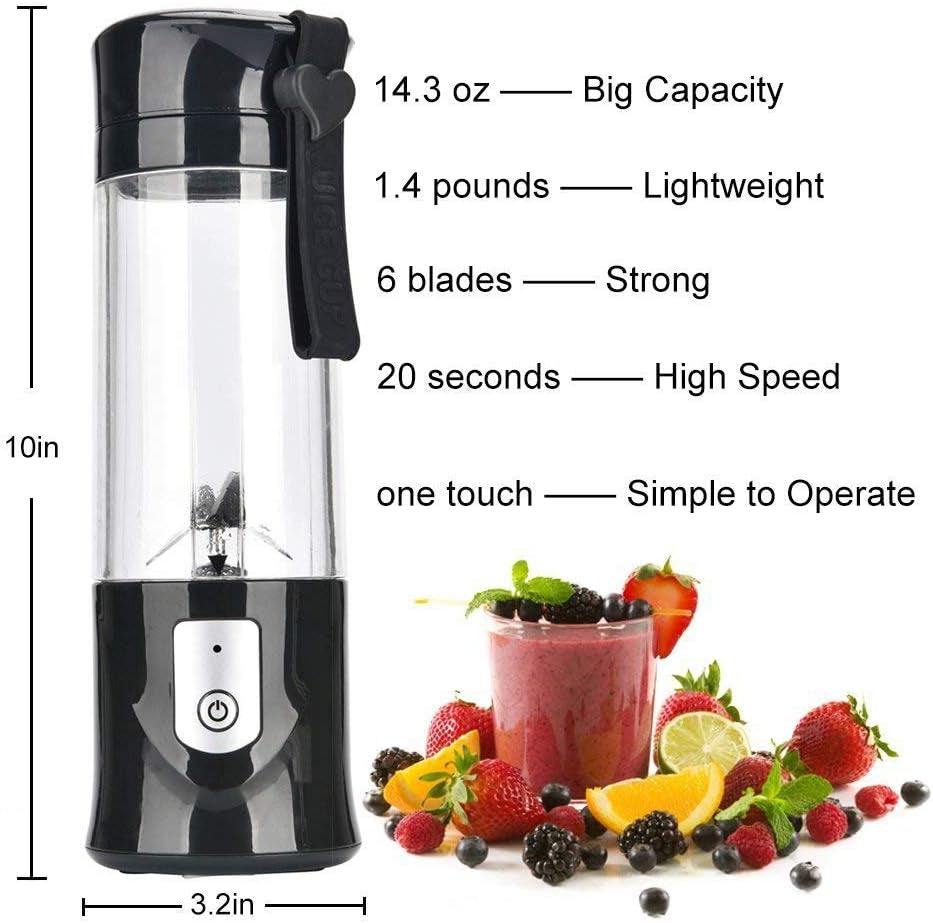 Portable Mini Blender for Smoothies and Shakes – USB Rechargeable Juicer Cup with 6 Blades, 13.5oz Capacity