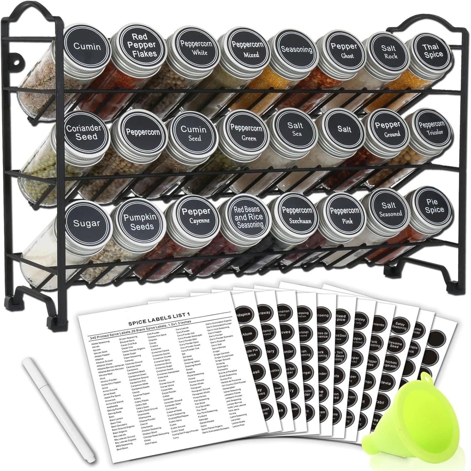 3-Tier Spice Rack Organizer with 24 Spice Jars, 396 Labels, Funnel, and Chalk Marker – Complete Set for Efficient Kitchen Storage