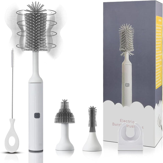 Electric Cleaning Brush with USB Rechargeable Design – Includes Replaceable Silicone Brushes for Bottles and Straws